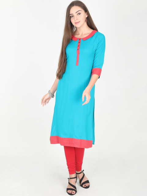 

Rasada Women Turquoise Blue & Pink Solid Straight Kurta