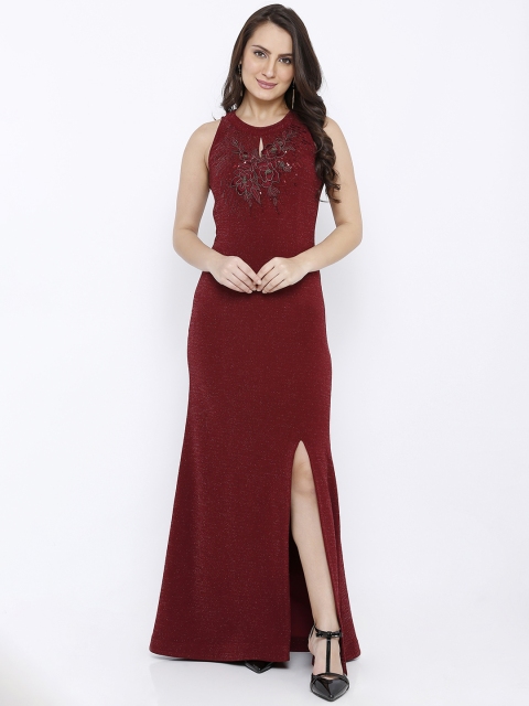 Soie Women Maroon Embellished Maxi Dress