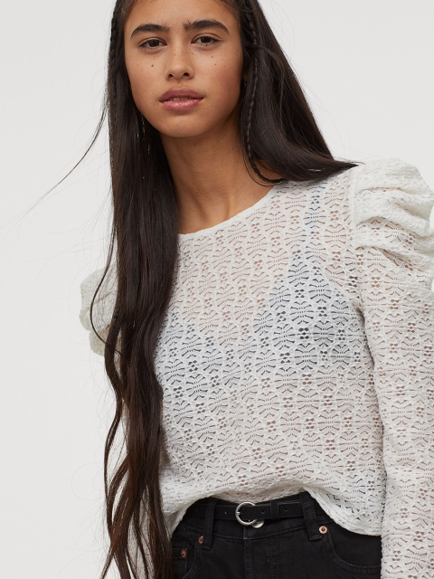 

H&M Women White Self-Design Puff-Sleeved Top