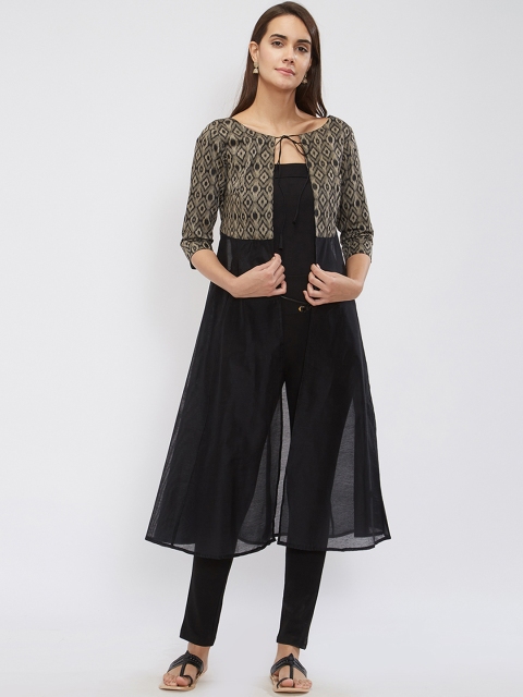 

Desi Weavess Women Black & Grey Printed Open Front Shrug