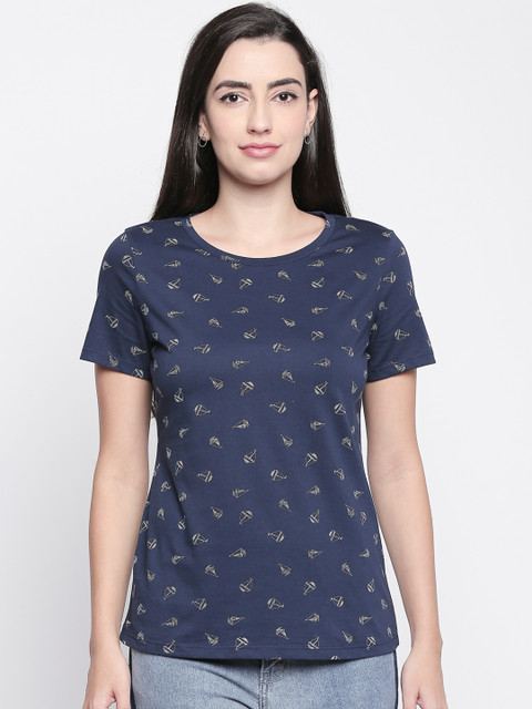

Honey by Pantaloons Women Navy Blue White Printed Round Neck Pure Cotton T-shirt