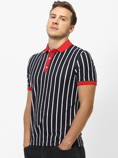 

Celio Men Navy Blue & White Striped Polo Collar T-shirt