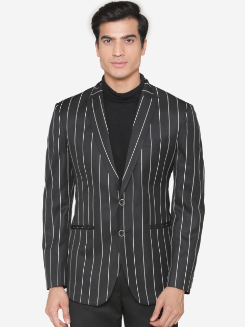 

MANQ Men Black & White Striped Single-Breasted Slim Fit Formal Blazer