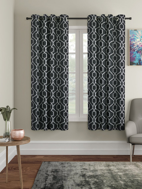 

Cortina Set of 2 Grey & Off-White Printed Black Out Window Curtains