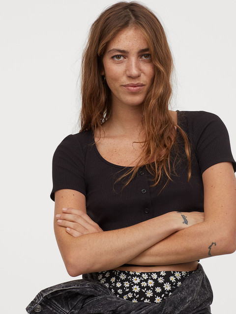 

H&M Women Black Solid Ribbed Top