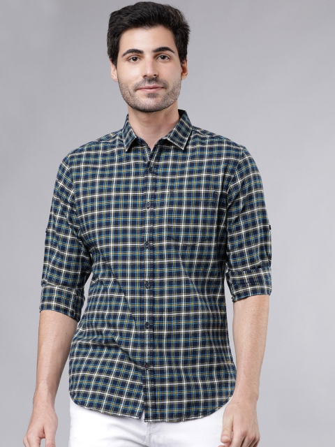 

LOCOMOTIVE Men Navy Blue & Yellow Slim Fit Checked Casual Shirt