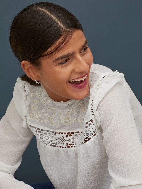 H&M Women White Solid Blouse With Embroidery