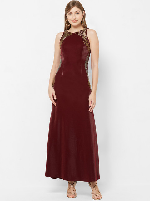 

Soie Women Maroon Embellished Maxi Dress