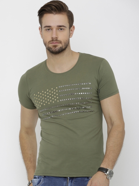 

Rex Straut Jeans Men Olive Green Printed Round Neck T-shirt