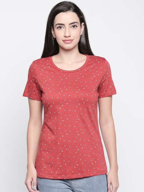 

Honey by Pantaloons Women Rust Red White Printed Round Neck Pure Cotton T-shirt