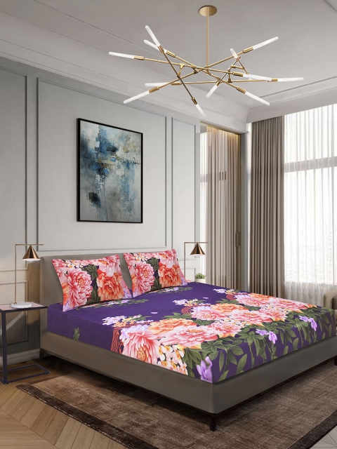 

Aura Purple & Pink Floral 144 TC Polyester 1 Queen Bedsheet with 2 Pillow Covers