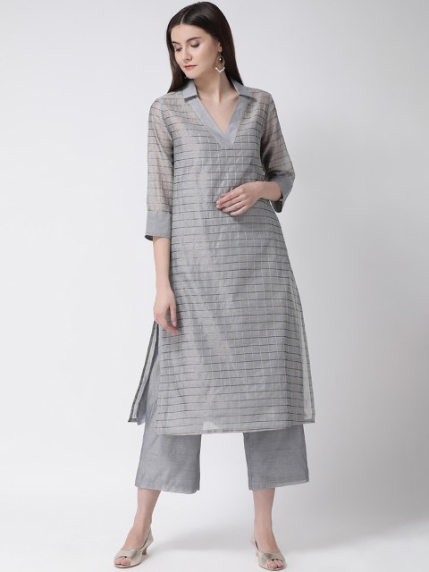 

Aayna Women Grey & Gold-Toned Checked Straight Kurta