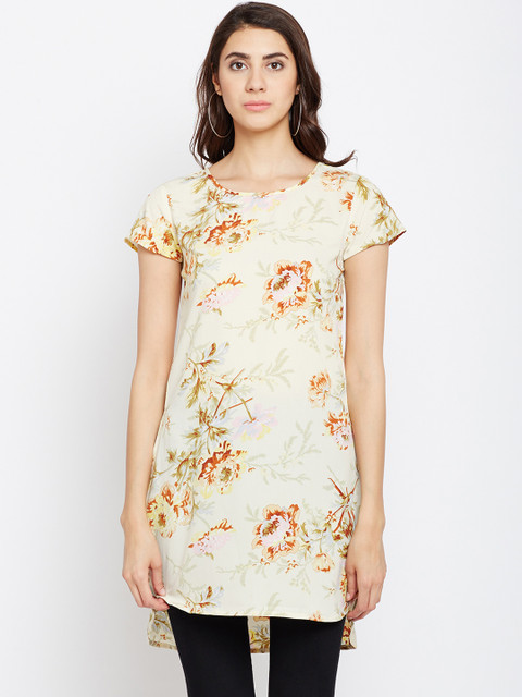 

Ruhaan's Womens White Floral Print Crepe Tunic