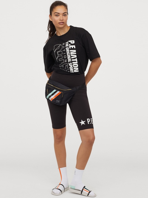 

HM Women Black White Printed Cotton Pure Cotton T-shirt
