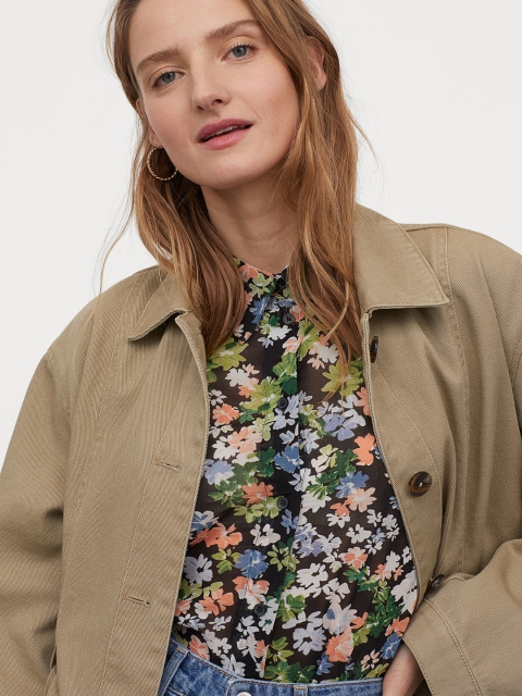 

H&M Women Black & Green Patterned Chiffon Blouse