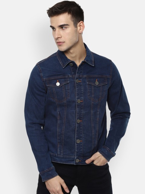 

V Dot Men Navy Blue Solid Denim Jacket
