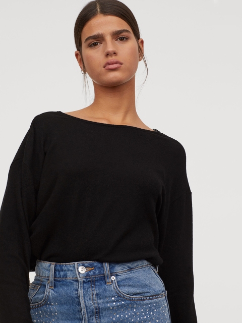 

H&M Women Black Lace-Trimmed V-neck Jumper