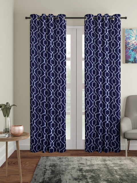 

Cortina Set of 2 Navy Blue & Off-White Printed Black Out Door Curtains