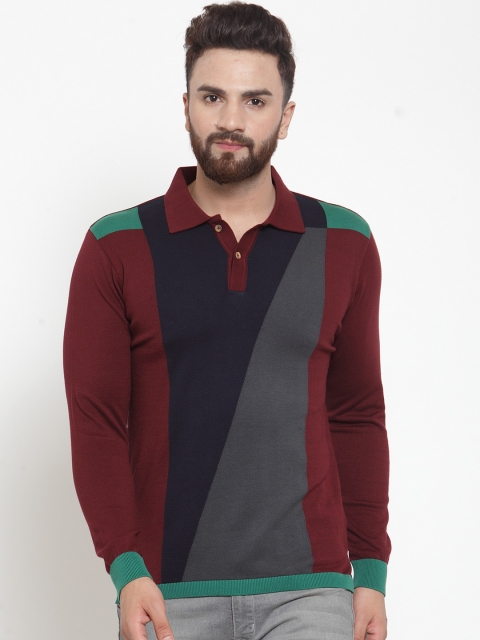 

Kalt Men Maroon & Grey Colourblocked Polo Collar T-shirt