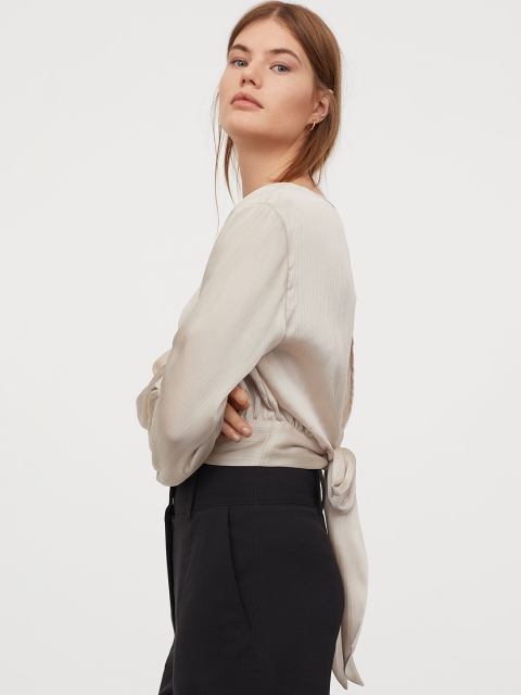 

H&M Women Beige Solid Tie-Hem Blouse