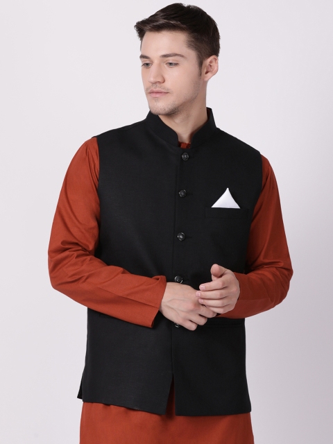 

TABARD Men Black Solid Woven Pure Cotton Nehru Jacket