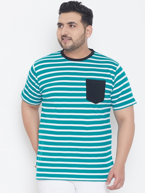 

bigbanana Plus Size Men White Green Striped Round Neck T-shirt