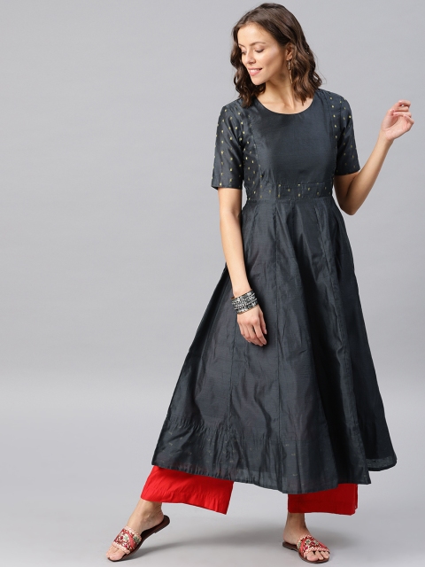 

Desi Weavess Women Charcoal Grey Woven Design Anarkali Kurta
