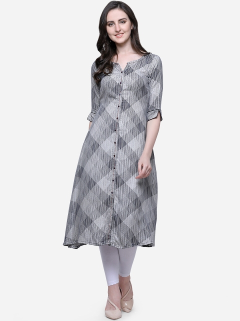 

Kvsfab Women Grey & Blue Checked A-Line Kurta