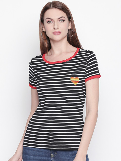 

Honey by Pantaloons Women Black Striped Round Neck Pure Cotton T-shirt