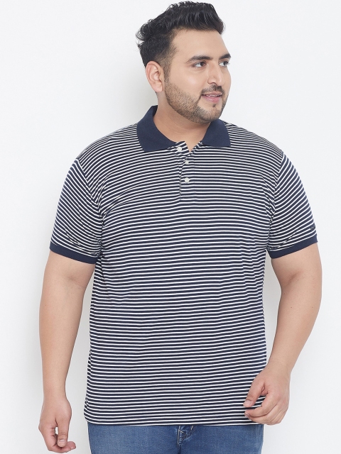 

bigbanana Plus Size Men Blue White Striped Polo Collar T-shirt
