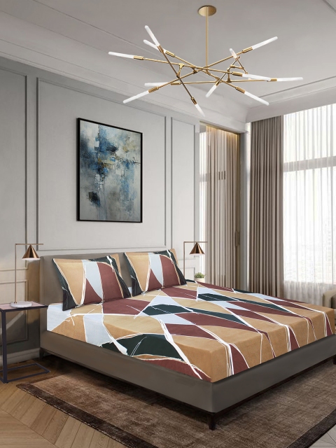 

Aura Brown & White Geometric 144 TC Polyester 1 Queen Bedsheet with 2 Pillow Covers