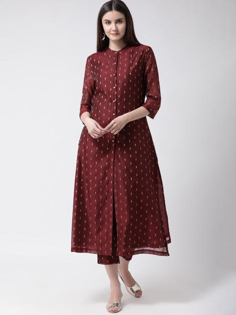 

Aayna Women Maroon & Golden Woven Design Straight Kurta