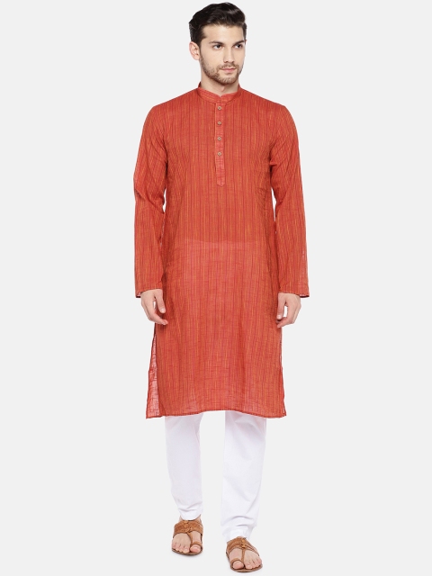 

RAJUBHAI HARGOVINDAS Men Orange & White Striped Kurta with Pyjamas