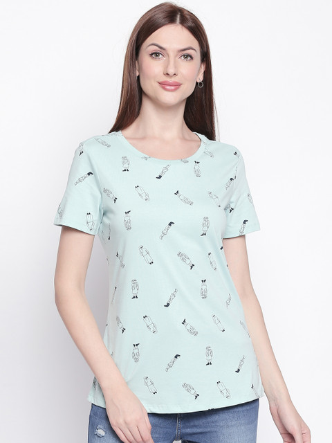 

Honey by Pantaloons Women Green Blue Printed Round Neck Pure Cotton T-shirt