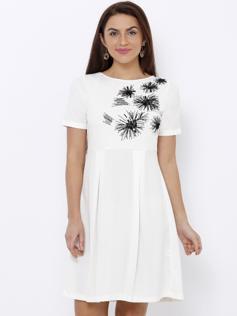 

Soie Women White & Black Embellished Fit and Flare Dress