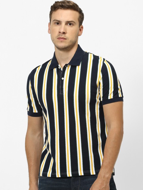

Celio Men Navy Blue & Yellow Striped Polo Collar T-shirt