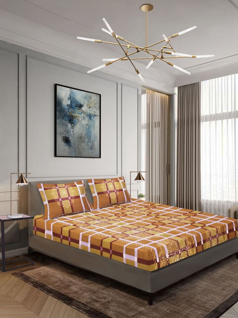 

Aura Beige & Mustard Yellow 144 TC Polyester 1 Queen Bedsheet with 2 Pillow Covers