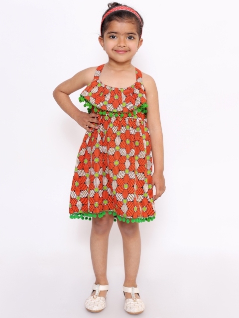 KID1 Girls Orange & Green Floral Print Fit and Flare Dress