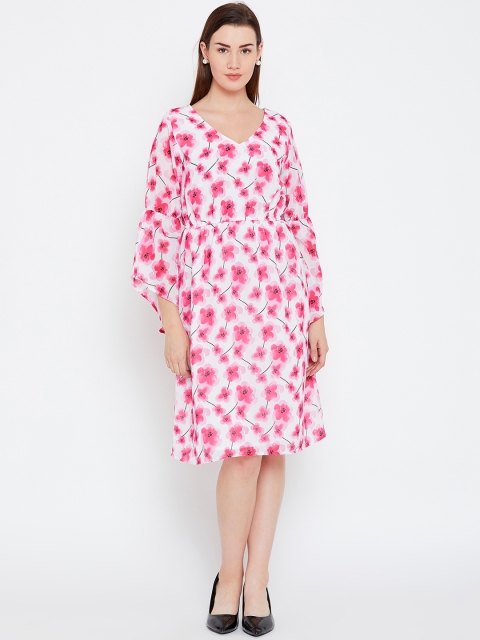 

Ruhaans Women White & Pink Printed A-Line Dress