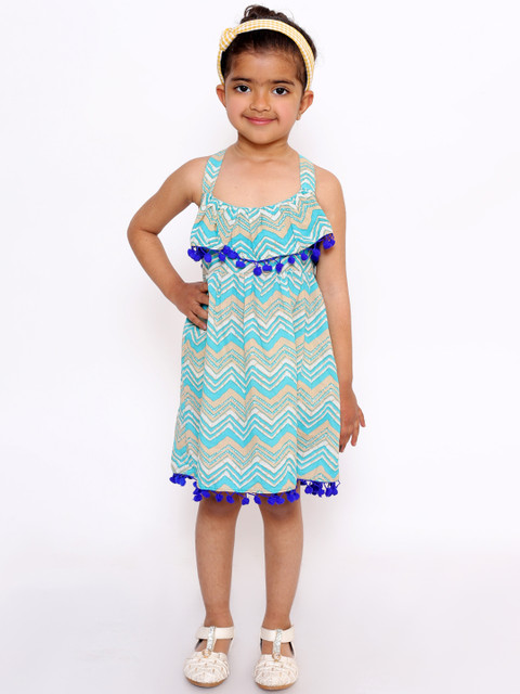 

KID1 Girls Turquoise Blue Printed Fit and Flare Dress
