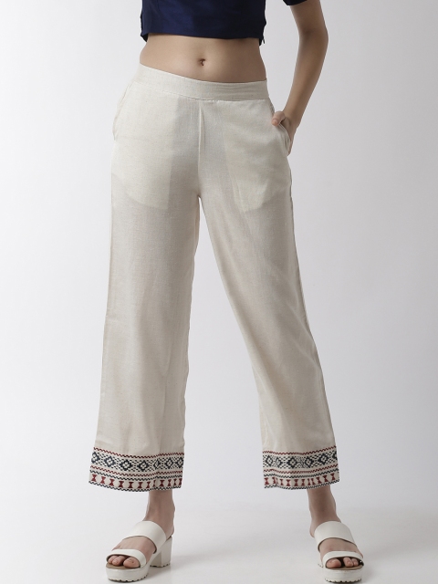 

De Moza Women Off-White Hem Design Straight Palazzos