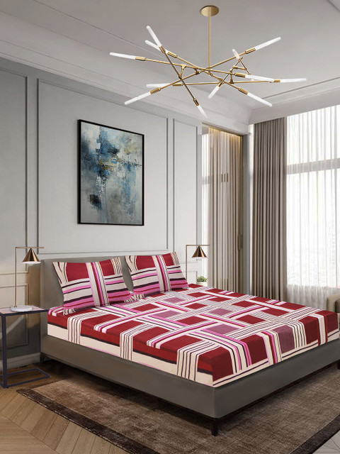 

Aura Maroon & Beige Geometric 144 TC Polyester 1 Queen Bedsheet with 2 Pillow Covers