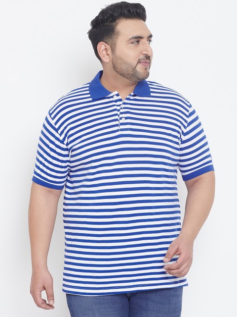 

bigbanana Plus Size Men Blue White Striped Polo Collar T-shirt