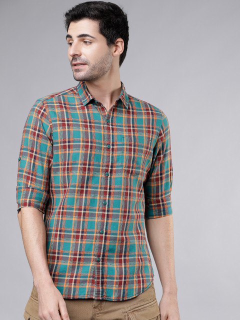 

LOCOMOTIVE Men Blue & Orange Slim Fit Checked Casual Shirt