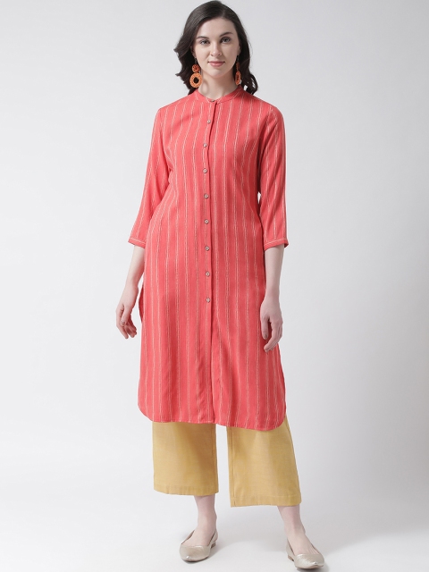 Aayna Women Coral Red Striped Straight Kurta
