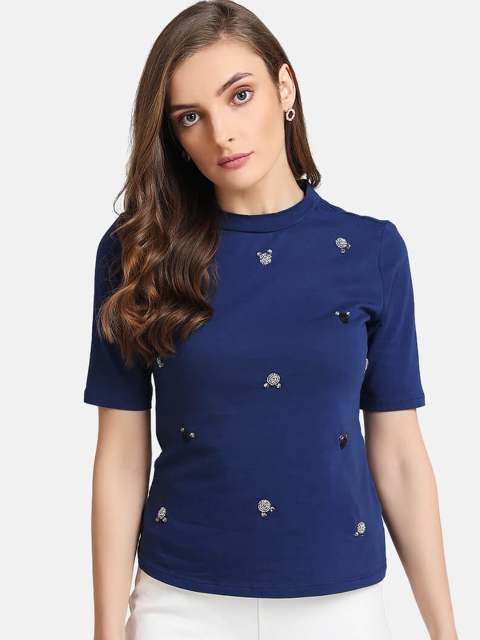 

Kazo Women Blue Printed High Neck T-shirt