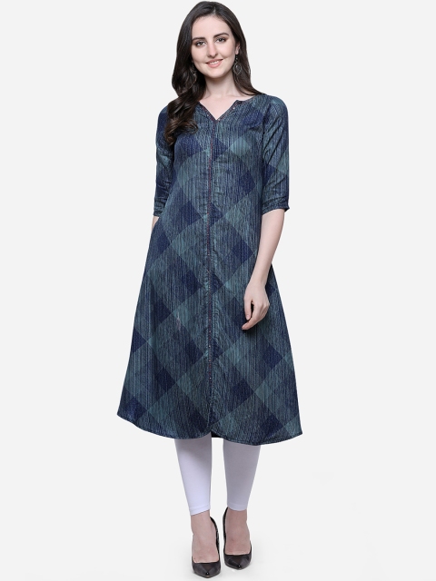 

Kvsfab Women Navy Blue Striped A-Line Kurta