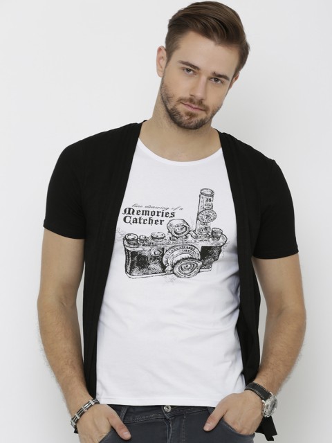 

Rex Straut Jeans Men Black & White Printed Round Neck T-shirt