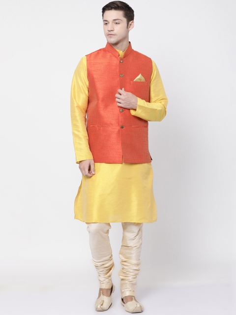 

TABARD Men Yellow & Beige Solid Kurta with Churidar & Nehru jacket