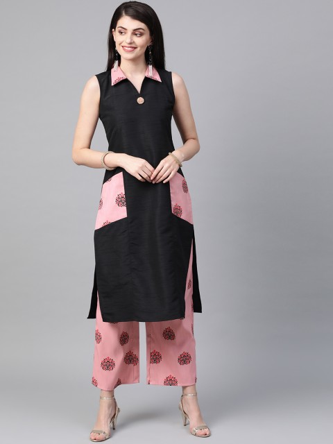 

ZIYAA Women Black & Pink Colourblocked Straight Kurta